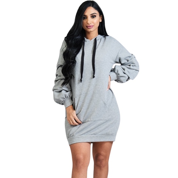 Bubble Sleeve Hoodie Sweatshirt Dress – French Terry Comfort - Picture 1 of 4